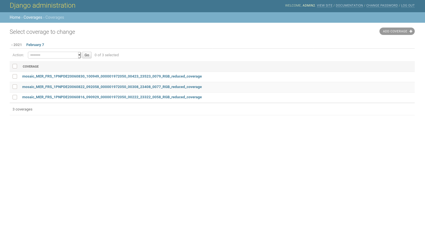EOxServer demonstration admin klient Dataset Seriehantering
