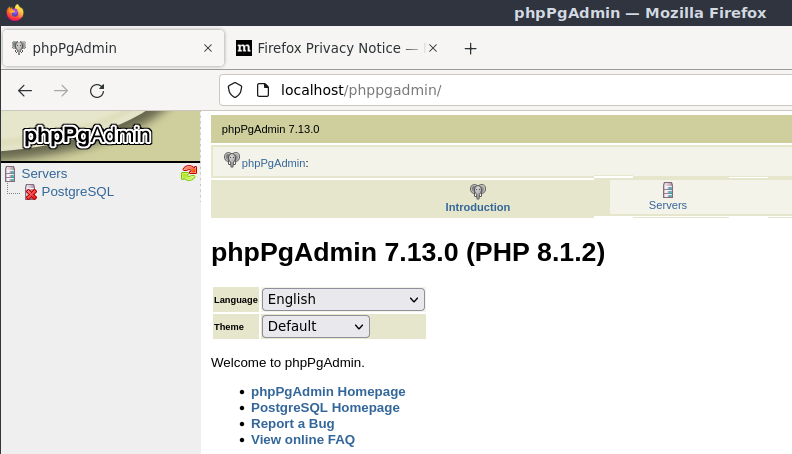 phpPgAdmin huvudsida