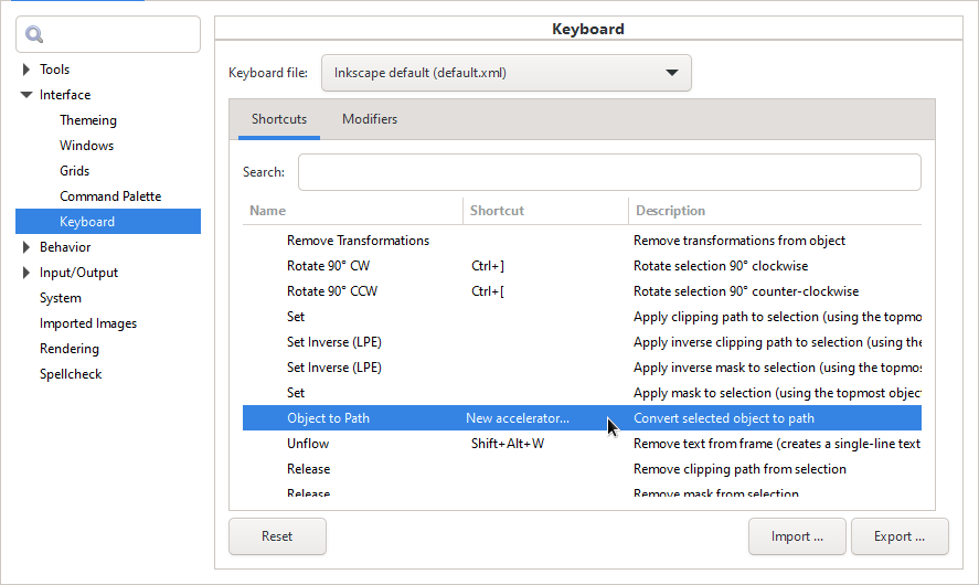 Setting a new keyboard shortcut