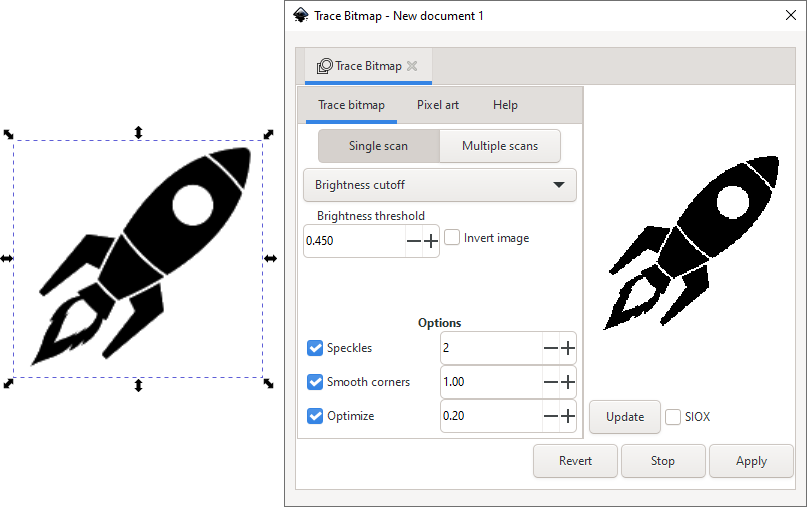 The Trace Bitmap dialog with live preview for black-and-white tracing.